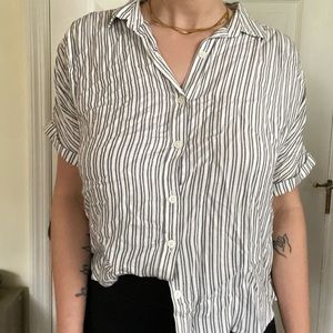 gray and white striped short sleeve button down